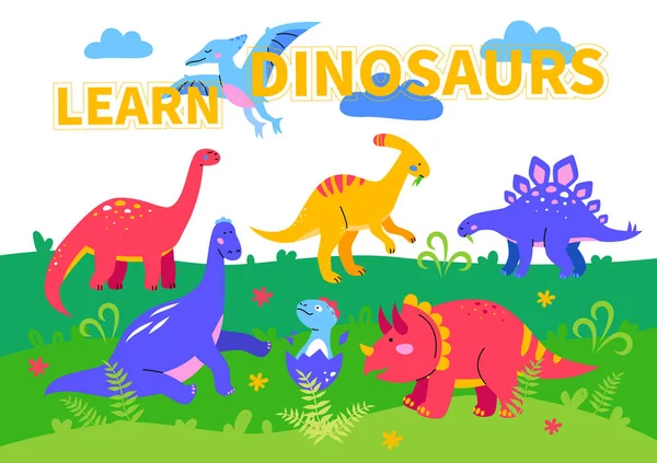 Aprender dinossauros - colorido cartaz de estilo de design plano — Vetor de Stock