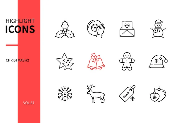 Merry Christmas - set ikon bergaya desain garis - Stok Vektor