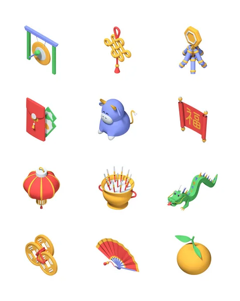 Chinees Nieuwjaar - set van kleurrijke 3d pictogrammen — Stockfoto