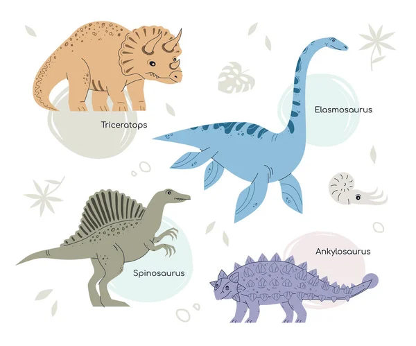 Różne dinozaury - zestaw płaskich znaków stylu projektowania — Wektor stockowy