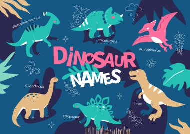 Dinozor isimleri - karakterli düz tasarım çizim çizimi