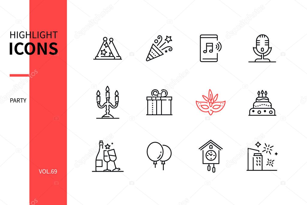 Party and celebration - line design style icons set