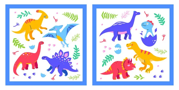 Différents dinosaures - ensemble d'illustrations de style design plat — Image vectorielle