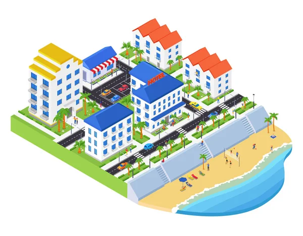 Città costiera - moderna illustrazione isometrica colorata vettoriale — Vettoriale Stock