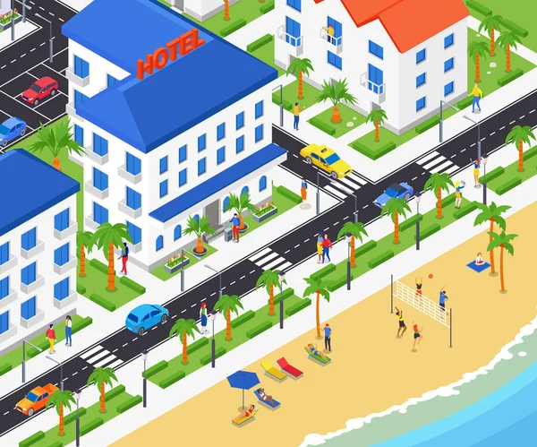 Cidade costeira - ilustração isométrica colorida vetorial moderna — Vetor de Stock