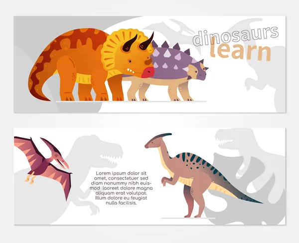 Aprender dinosaurios - conjunto de banners de diseño plano — Archivo Imágenes Vectoriales