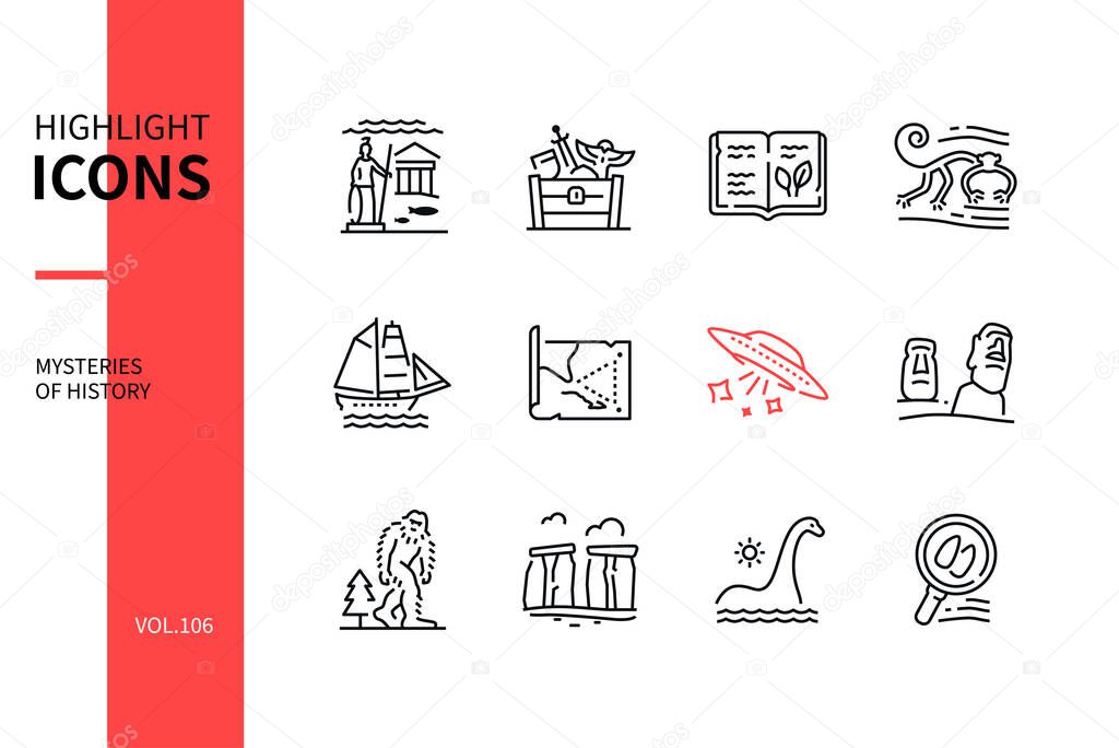 Mysteries of history - line design style icons set
