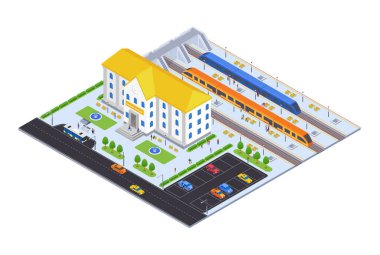 Demiryolu istasyonu - modern vektör renkli izometrik illüstrasyon