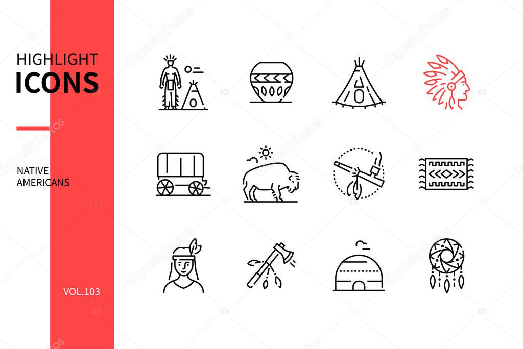 Native Americans - modern line design style icons set