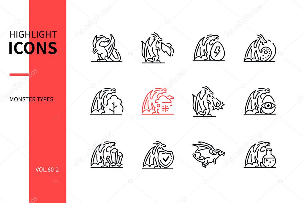 Monster types - line design style icons set