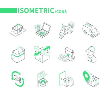 Gıda dağıtım hizmeti - modern izometrik simgeler ayarlandı