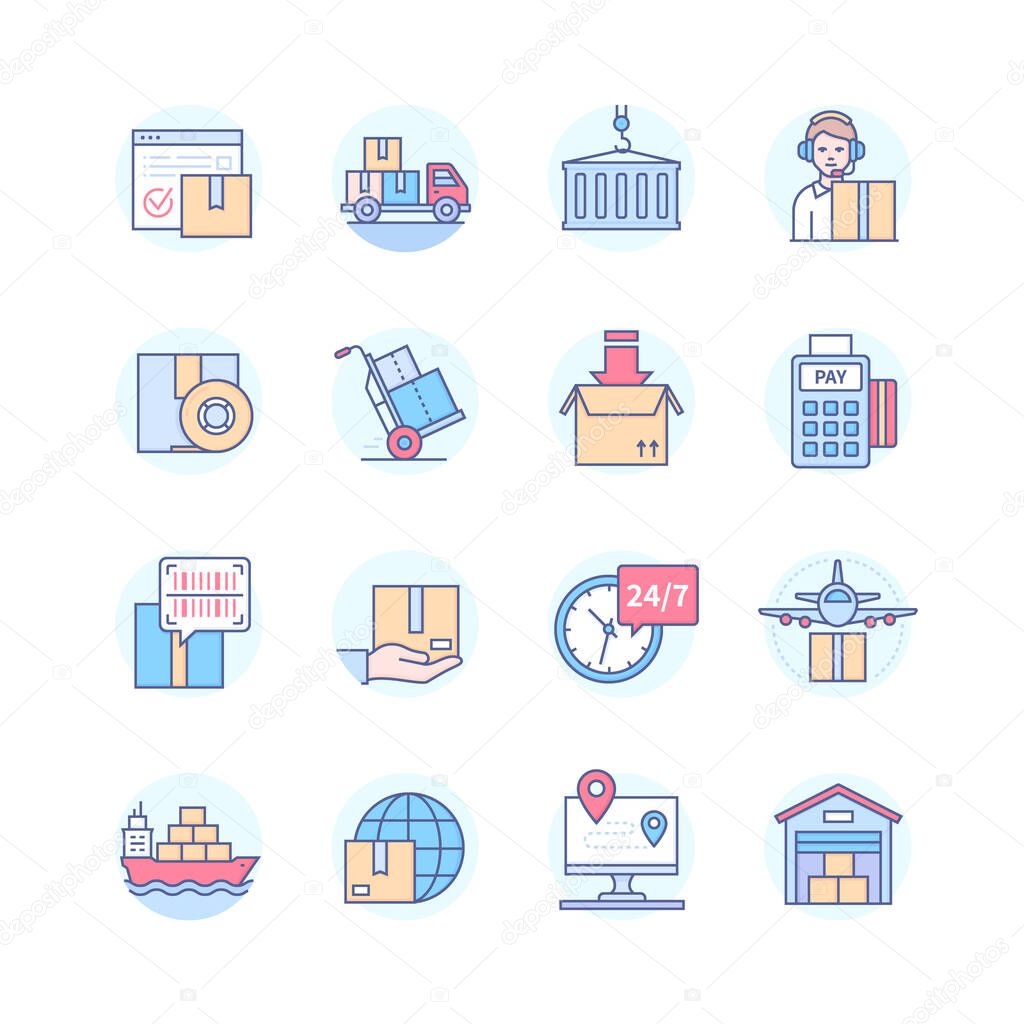 Logistics and delivery services - line design style icons set