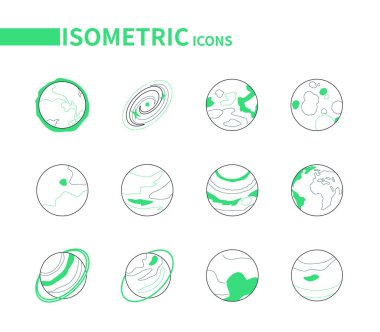 Güneş sistemi gezegenleri - çizgi izometrik simgeleri ayarlandı