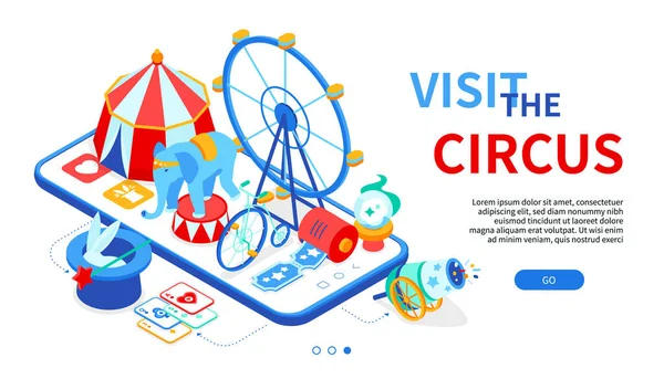 Navštivte cirkus - moderní barevný izometrický web banner — Stockový vektor