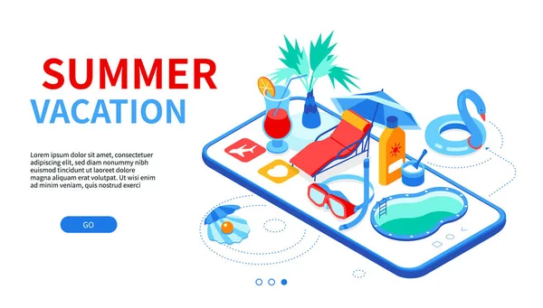 Summer vacation - modern colorful isometric web banner — Stock Vector