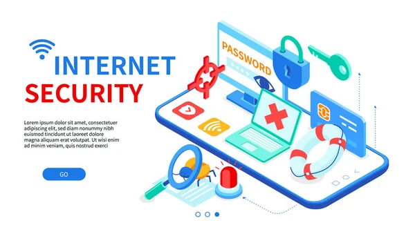 Sécurité Internet - bannière web isométrique colorée moderne — Image vectorielle