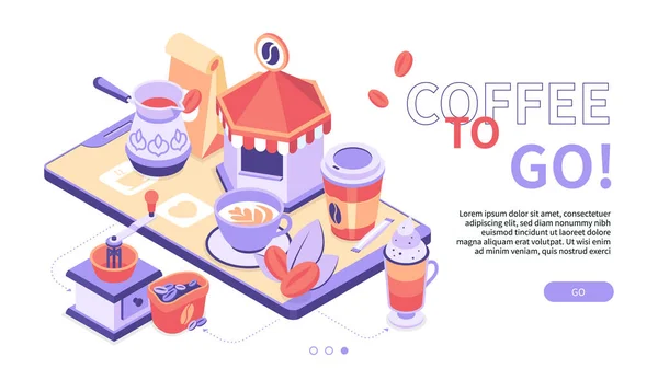 Coffee to go - modernes buntes isometrisches Web-Banner — Stockvektor