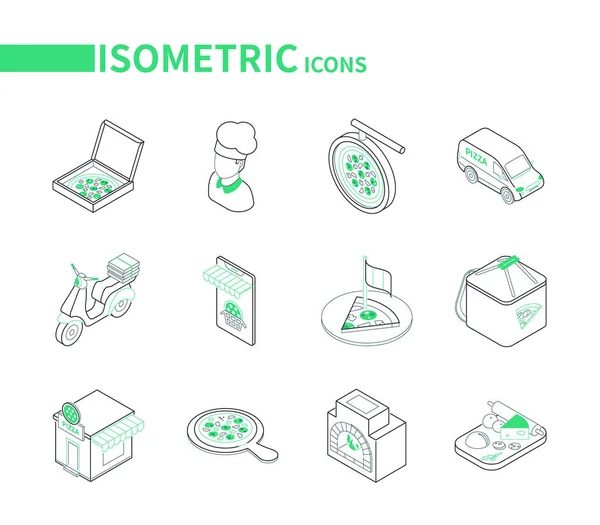 Entrega de pizza conjunto de ícones isométricos de linha moderna — Vetor de Stock