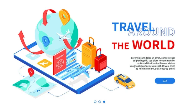 Viajar ao redor do mundo - banner web isométrico colorido moderno — Vetor de Stock