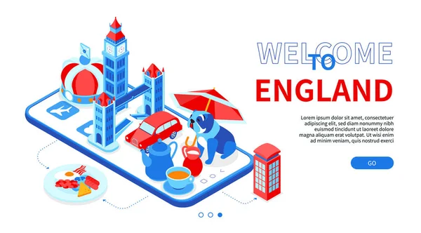 Bienvenido a Inglaterra - colorido banner web isométrico — Vector de stock