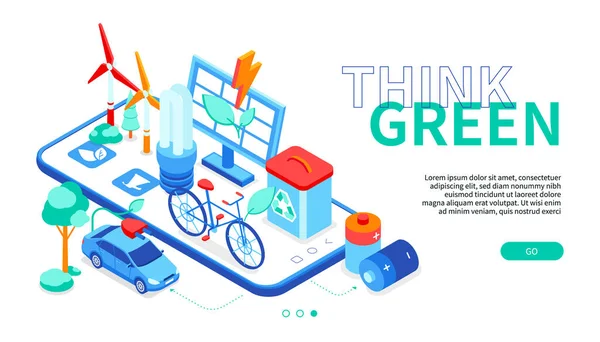 Σκεφτείτε πράσινο - μοντέρνα πολύχρωμα ισομετρική web banner — Διανυσματικό Αρχείο