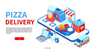 Pizza teslimatı - modern renkli izometrik web pankartı