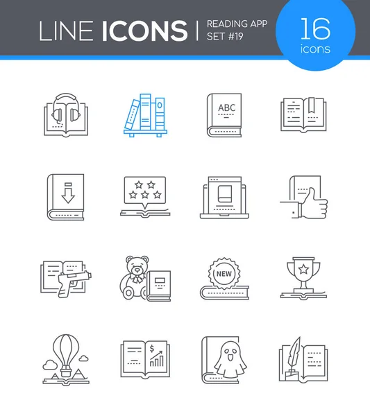 Aplicación móvil de lectura - conjunto de iconos de estilo de diseño de línea — Vector de stock