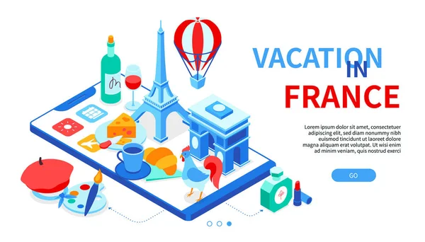Vakantie in Frankrijk - kleurrijke isometrische webbanner — Stockvector