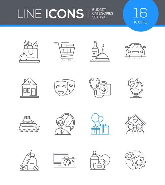 Categorías de presupuesto - conjunto de iconos de estilo de diseño de línea — Vector de stock