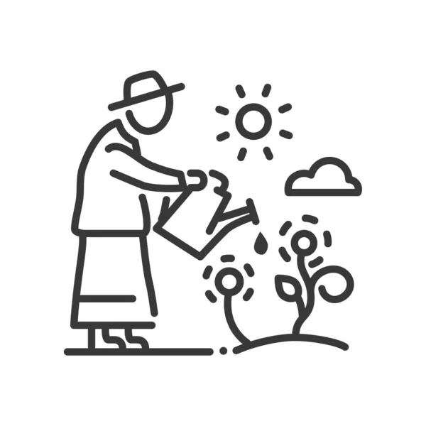 Starsza kobieta ogrodnictwo - linia projektowania pojedynczej ikony izolowane — Wektor stockowy