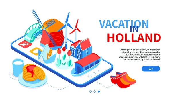 Vacances en Hollande - bannière web isométrique colorée — Image vectorielle