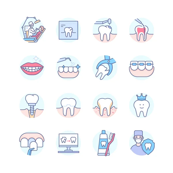 Tandheelkundige behandeling kleurrijke lijn ontwerp stijl pictogram set — Stockvector