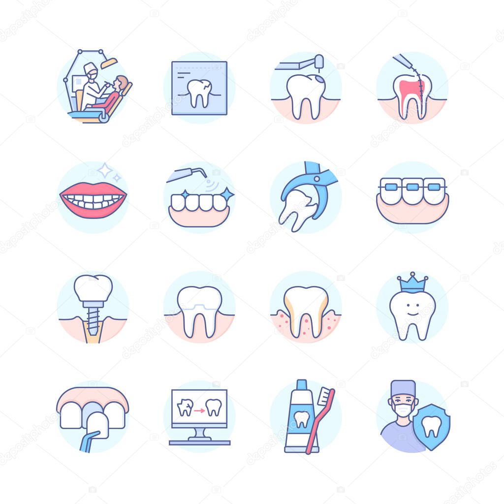 Dental treatment colorful line design style icon set