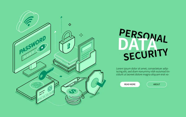 Seguridad de datos personales - banner isométrico de estilo de diseño de línea — Archivo Imágenes Vectoriales