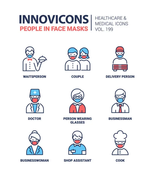 Mensen in het gezicht maskers - moderne kleurrijke lijn ontwerp pictogrammen — Stockvector