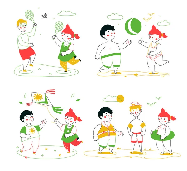 Niños en la playa - conjunto de ilustración de estilo de diseño de línea de colores — Vector de stock