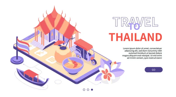 Ταξίδι στην Ταϊλάνδη - μοντέρνα πολύχρωμα ισομετρική web banner — Διανυσματικό Αρχείο