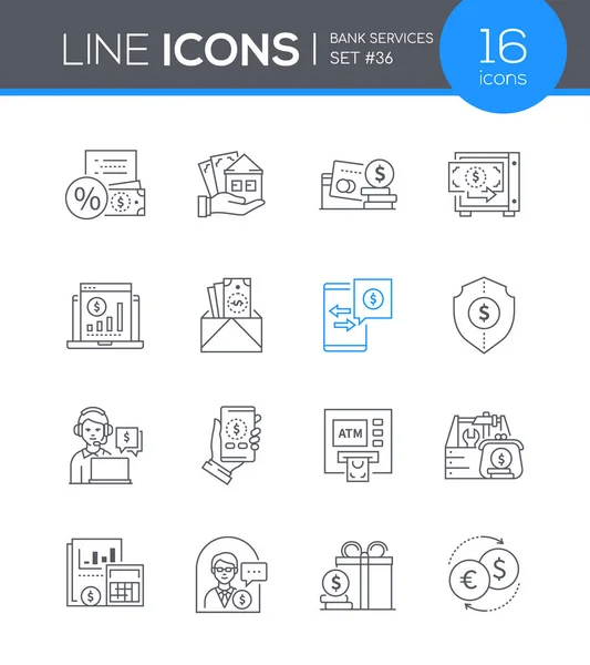 Servicios bancarios - conjunto de iconos de diseño de línea — Vector de stock