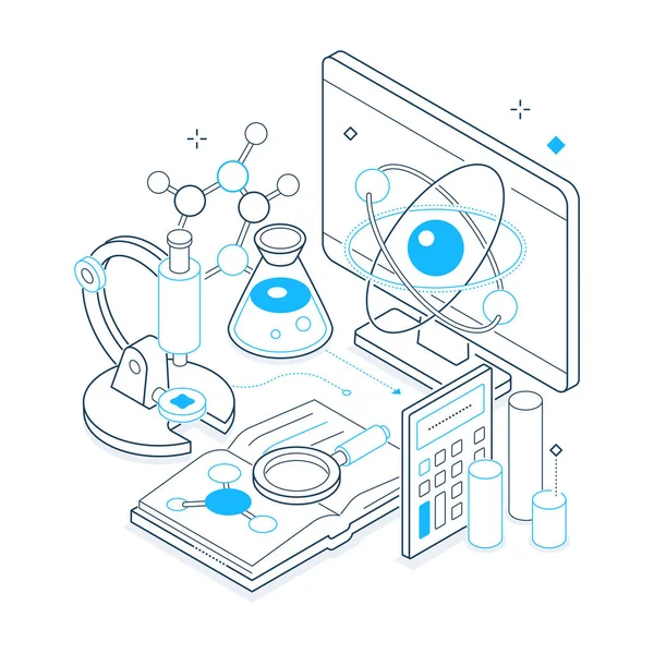 Ciência e medicina - ilustração em linha isométrica preta e azul —  Vetores de Stock