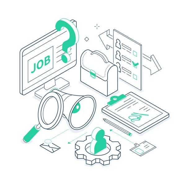 Búsqueda de empleo - Ilustración isométrica en verde y negro — Vector de stock