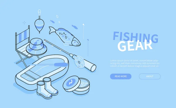 Fiskeredskap - blå linje design stil isometrisk banner — Stock vektor