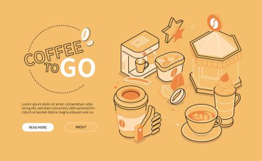 Hazır kahve - turuncu çizgi tasarım stili izometrik web pankartı