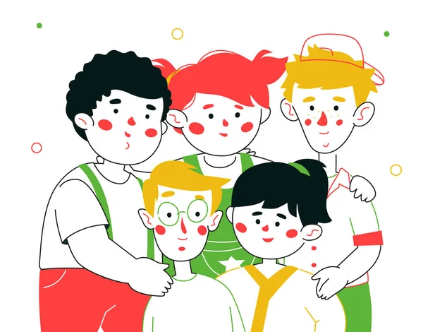 Szczęśliwy dzieci w wieku przedszkolnym - kolorowe projektowanie linii styl ilustracja — Wektor stockowy