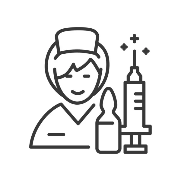 Enfermera da vacuna - diseño de línea vectorial único icono aislado — Vector de stock