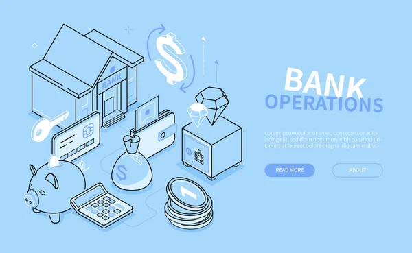 Operaciones bancarias: banner isométrico de estilo de diseño de línea azul — Archivo Imágenes Vectoriales