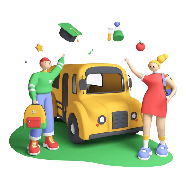 Meeting at the school bus - colorful 3D style illustration