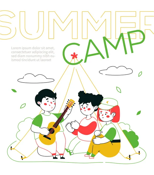 Kamp yapan çocuklar - renkli çizgi tasarım çizimi illüstrasyonu — Stok Vektör