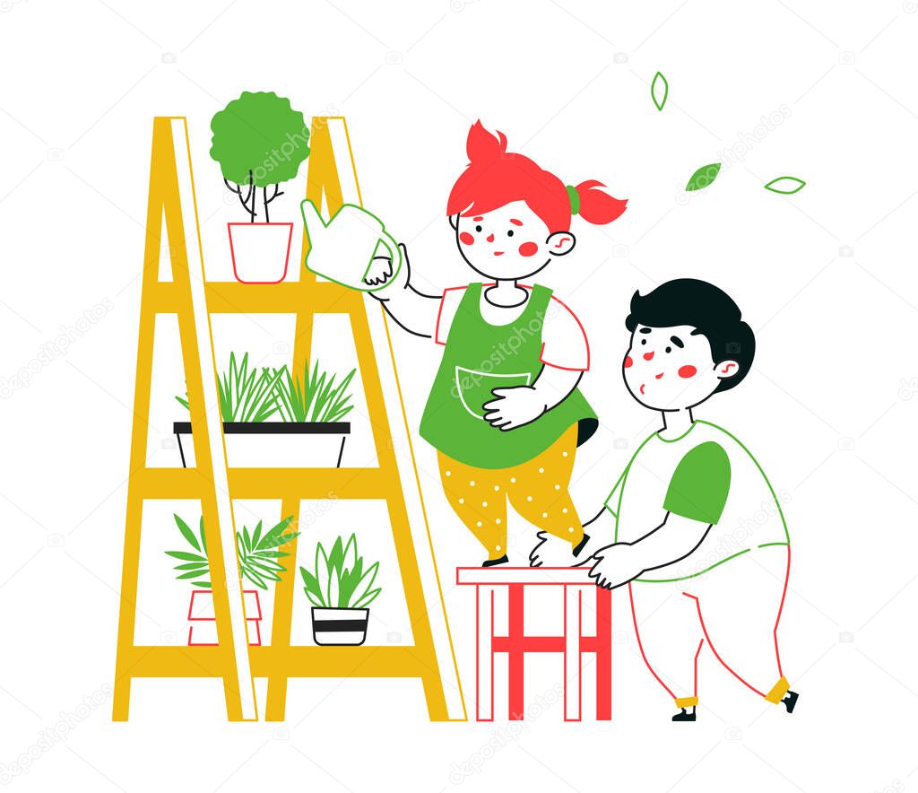 Children watering plants - colorful line design style illustration