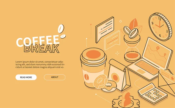 Pausa caffè - banner web isometrico in stile line design — Vettoriale Stock