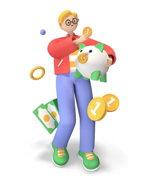 Putting money in a piggy bank - colorful 3D style illustration — Stock Photo, Image